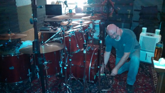 Darin Brannon sets up his drum mics in The Cave.