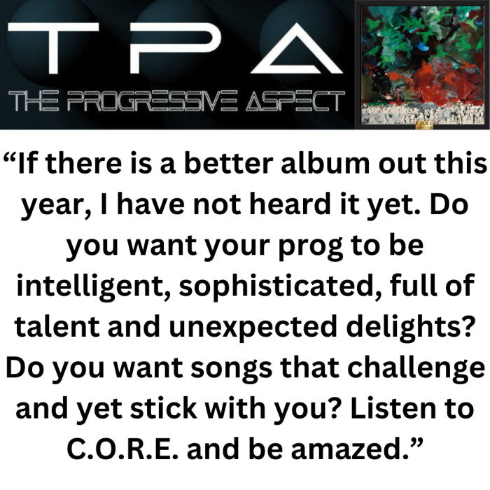 Circuline, CORE, C.O.R.E., The Progessive Aspect, John Giordano,  Andrew Colyer, Darin Brannon, Natalie Brown, Shelby Logan Warne, Dave Bainbridge, Inner Nova Music, Kansas, IONA, Lifesigns, Joe Deninzon 